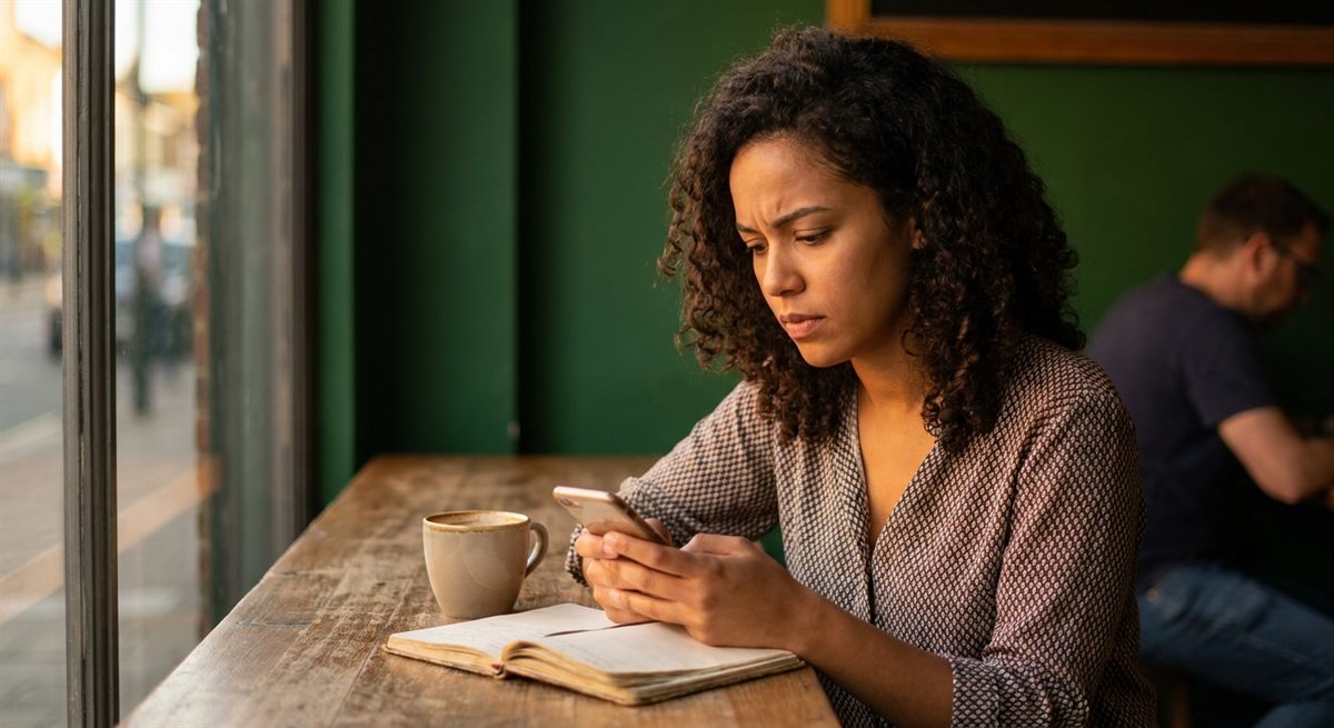 Mulher lendo o resumo do mercado no celular em um café.